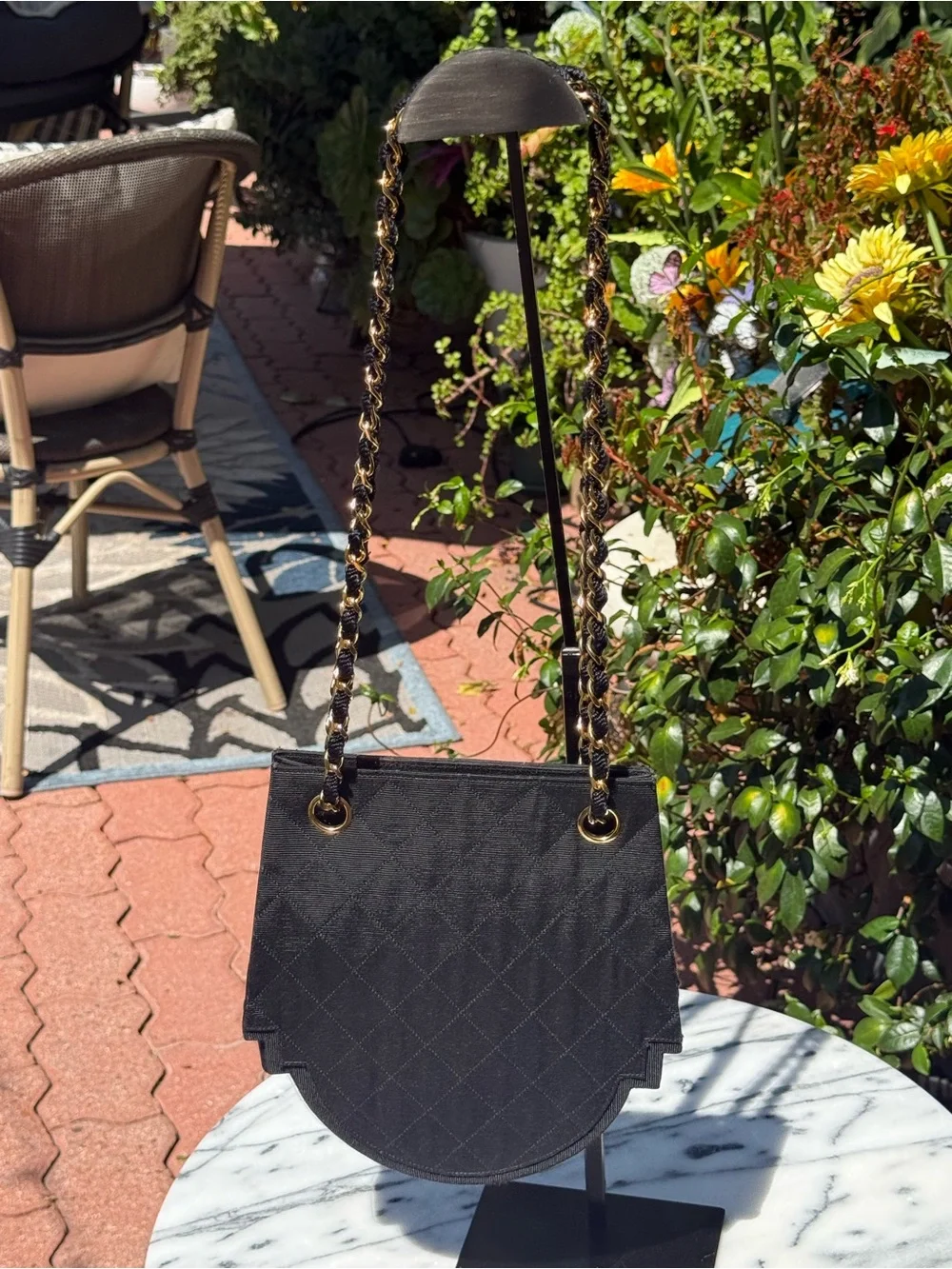 CHANEL Black Quilted Canvas Shoulder Bag with Gold Chain and CC Logo 1986-1988